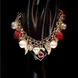 Playing Card Charm Bracelet with Red and Pearl Accents